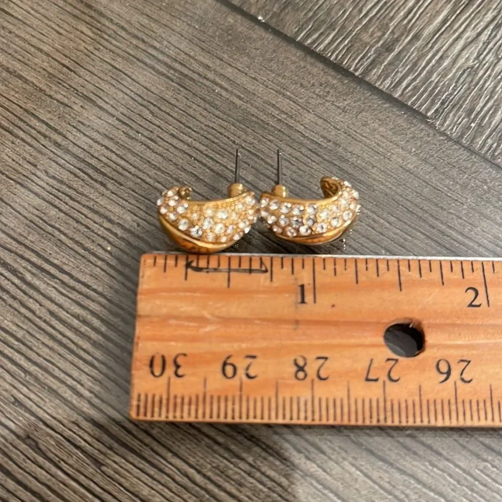 Avon Pave Swirl Earrings, Gold-tone Huggie Hoops with Rhinestones
